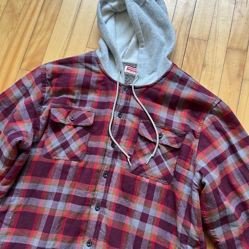 Wrangler Mens Sherpa Lined Plaid Flannel Shirt Jacket Hoodie 2XL - Picture 8 of 9